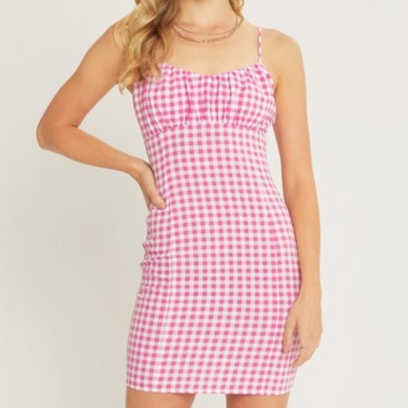 WOMEN'S PINK GINGHAM SPAGHETTI STRAP  CAMI MINI DRESS - Picture 2 of 4